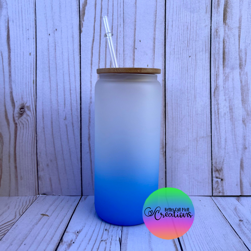 16 oz UV-Glow Glass Sublimation Tumbler w/ Bamboo Lid - Blue